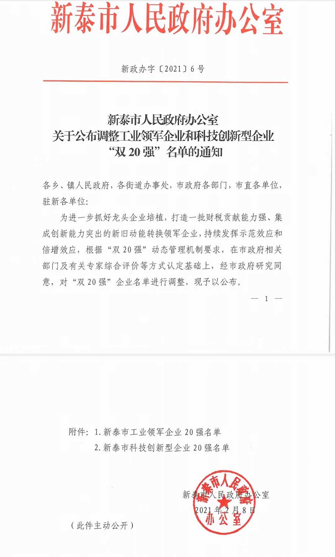 喜訊！公司榮獲“新泰市科技型創(chuàng)新企業(yè)20強”榮譽稱號(圖1)